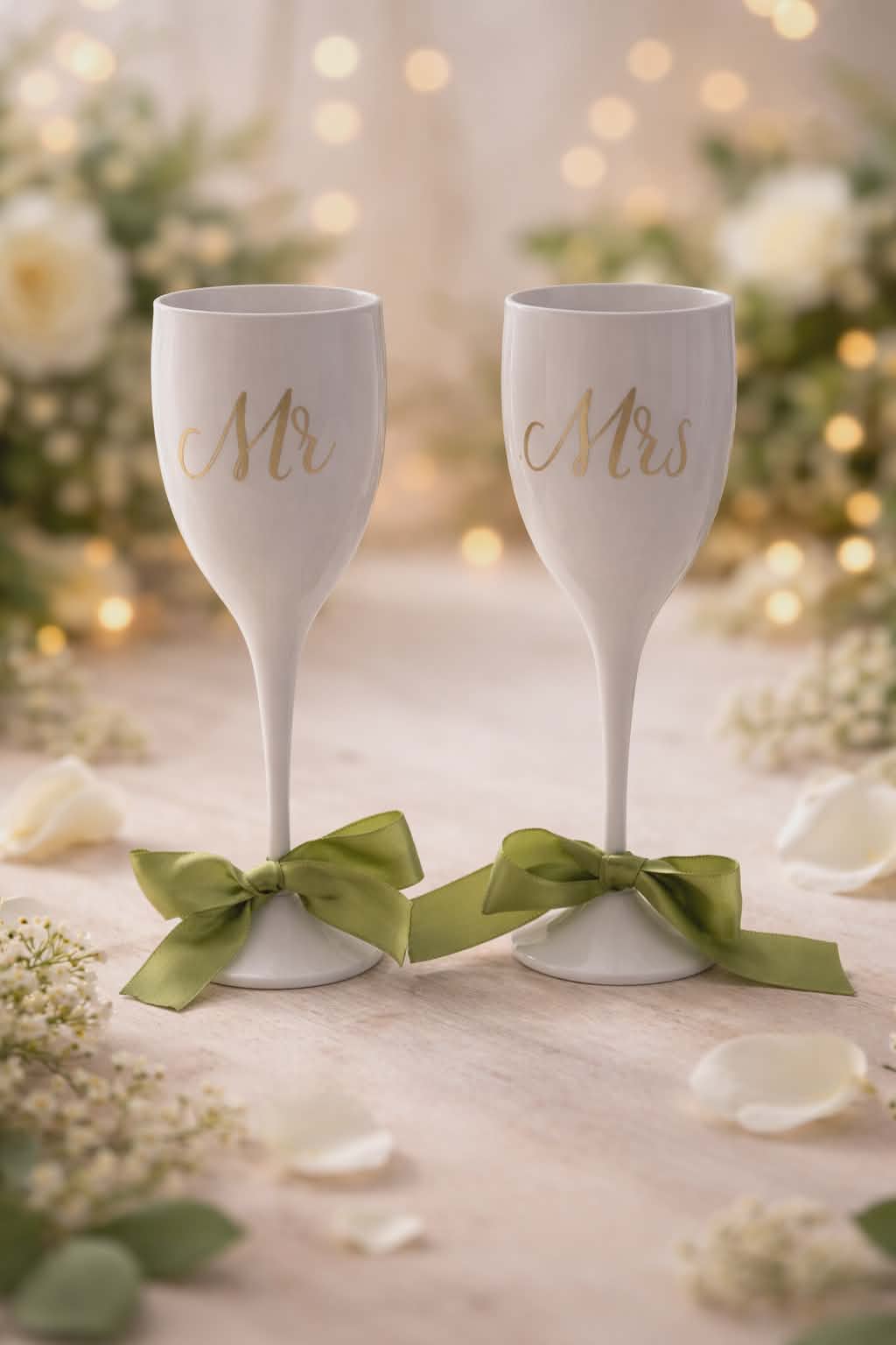 Flûte à champagne personnalisée en plastique dur – Mr & Mrs | Cadeau mariage avec nœud couleur au choix