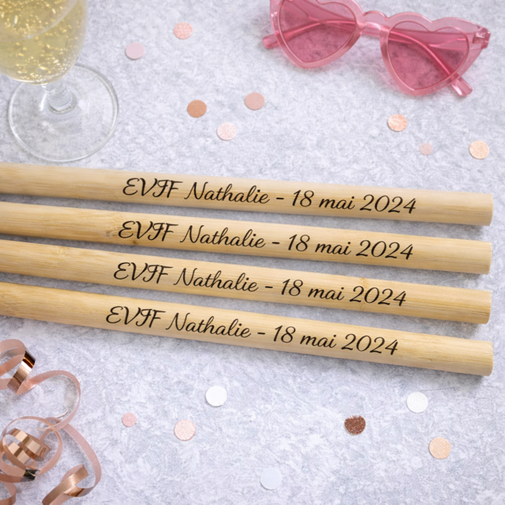 Pailles personnalisées en bambou – Gravure prénom & date