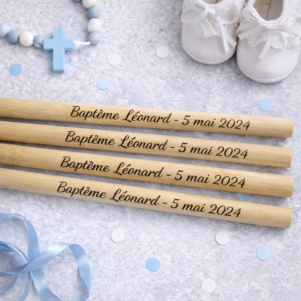 Pailles personnalisées en bambou – Gravure prénom & date